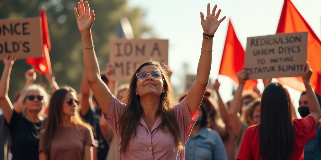 a group of people holding signs and flags in the air with their hands up in the air and one woman ho