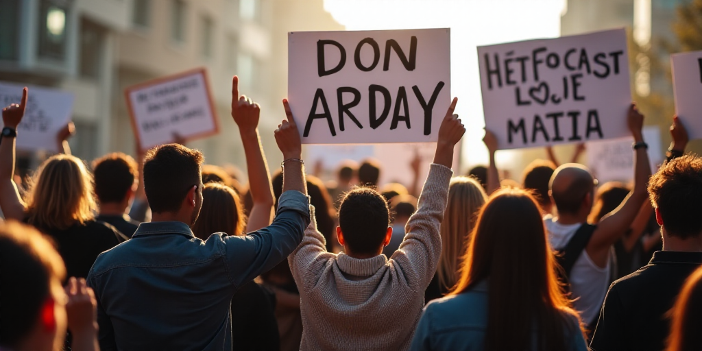 a group of people holding signs and pointing at them with their hands in the air and holding up sign