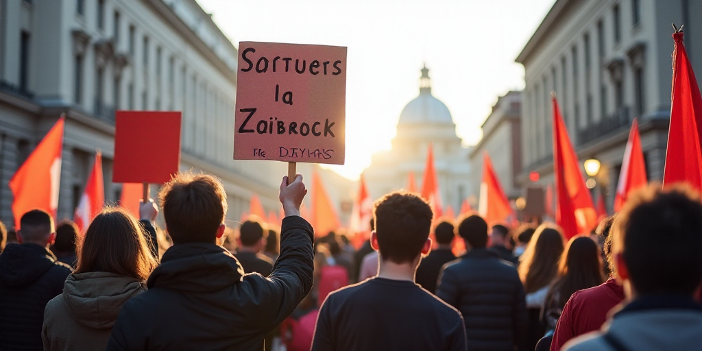 a group of people holding signs and flags in a city street with buildings in the background and peop