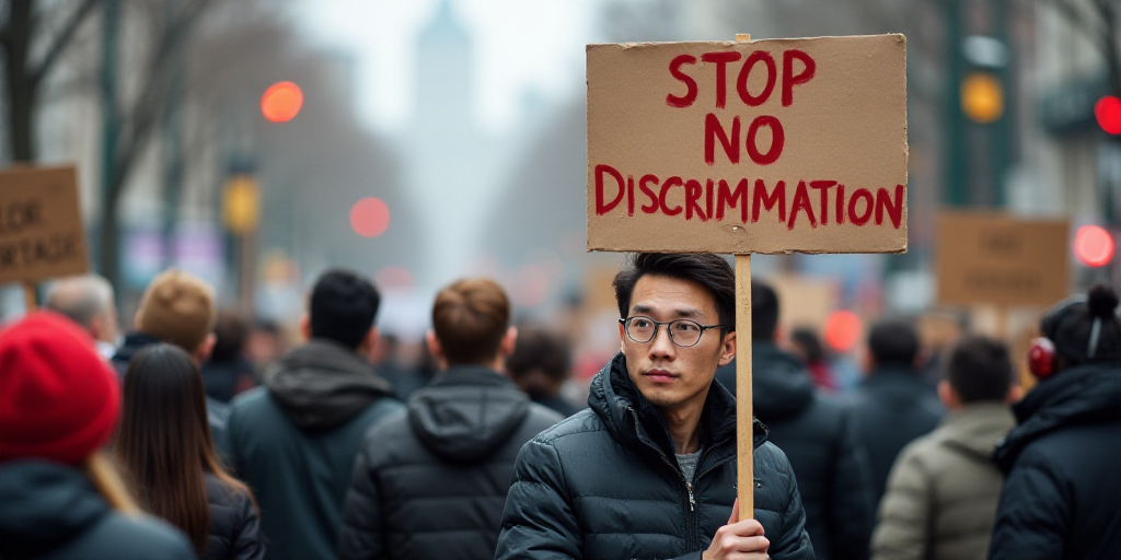 a group of people holding signs in a protest area with a man holding a sign that says stop no discri