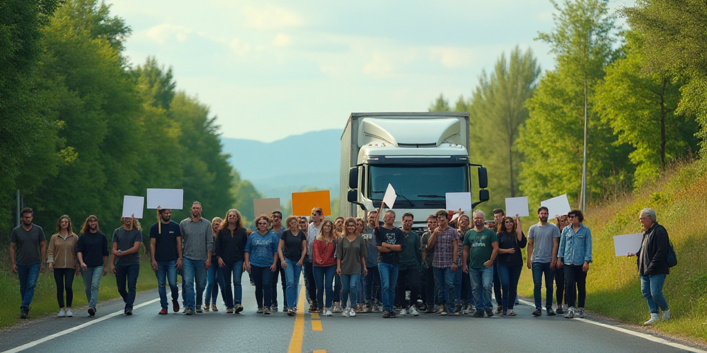 a group of people holding signs on a road side with a truck in the background and people walking on