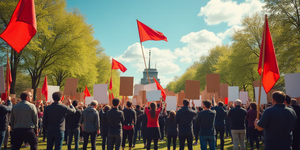 a group of people holding signs and flags in a protest area with trees in the background and a sky b