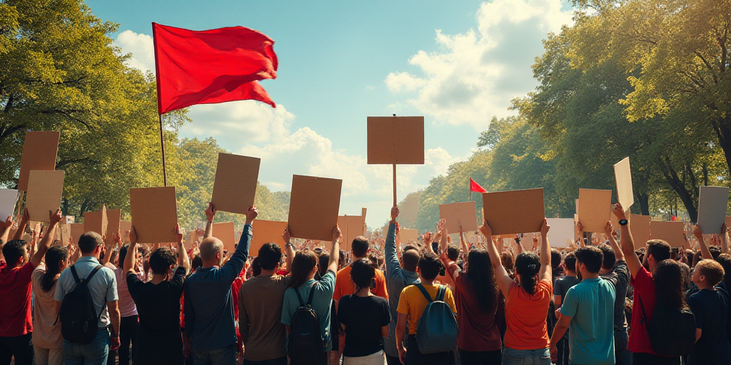 a group of people holding signs and flags in a protest area with trees in the background and a sky b