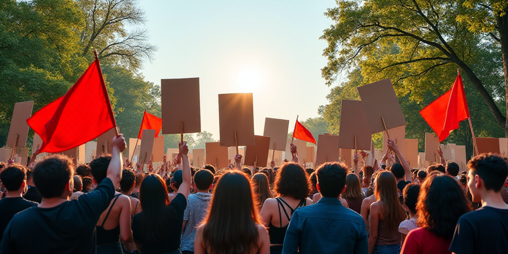 a group of people holding signs and flags in a protest area with trees in the background and a sky b