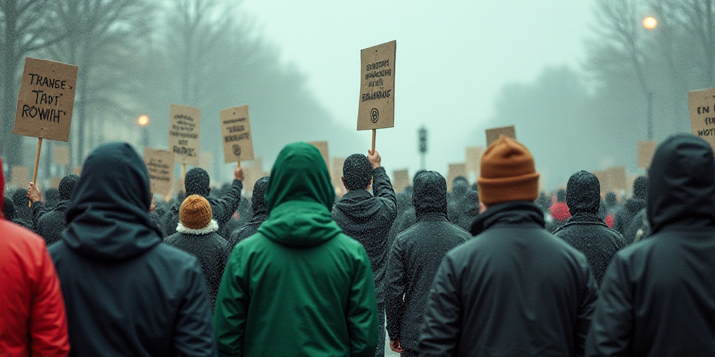 a group of people holding signs and standing in a crowd of people with hats on their heads and holdi