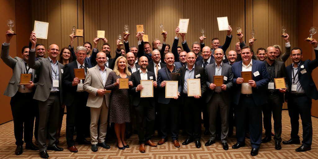 a group of people holding up awards and posing for a picture together in a room with striped walls a