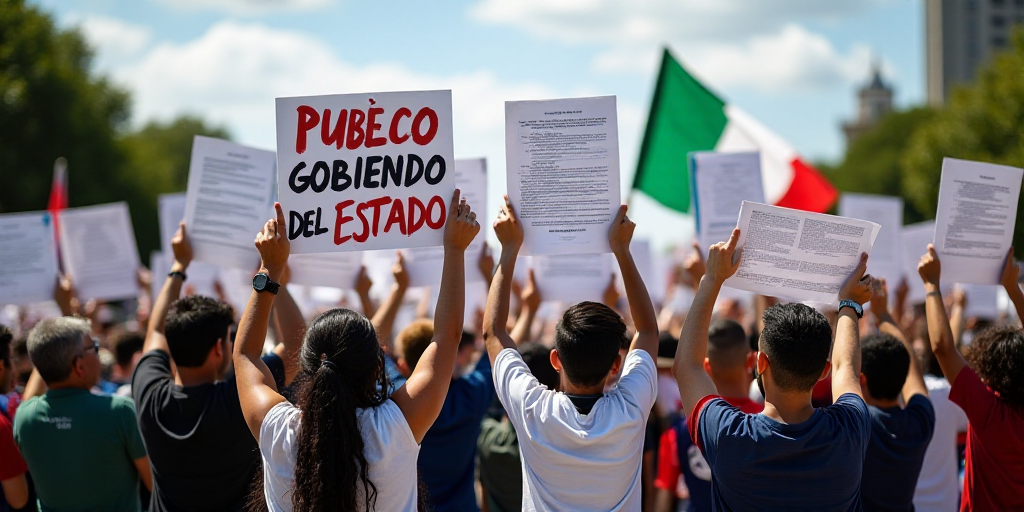 a group of people holding up papers in front of a sign that reads puebla gobiendo del estado, Estuar