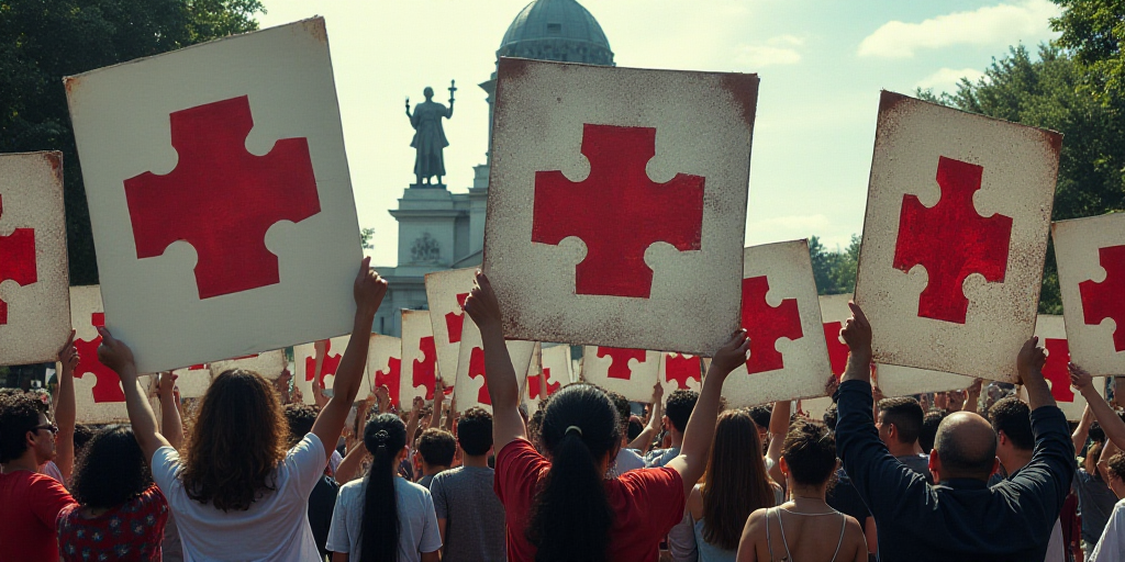 a group of people holding up signs and posters in front of a building with a statue in the backgroun