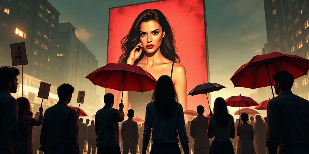 a group of people holding up signs and umbrellas in front of a large number 4 sign with a picture of