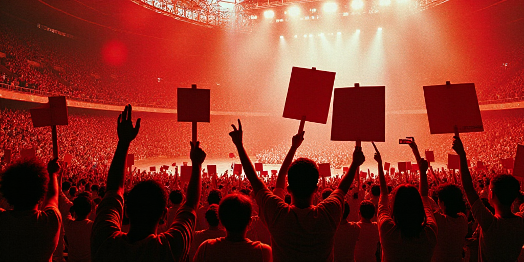 a group of people holding up signs in a stadium with a crowd watching them and holding up signs in t