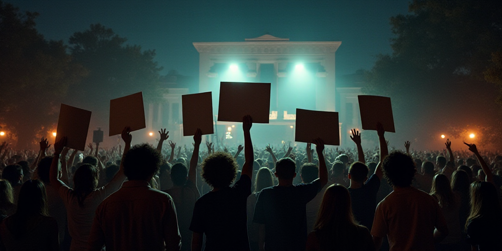 a group of people holding up signs on a stage at night time with lights on the building in the backg