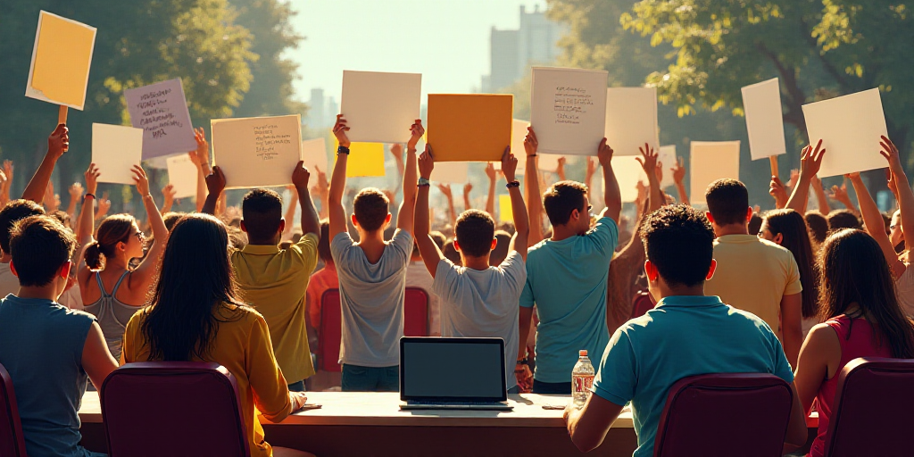 a group of people holding up signs in front of a table with chairs and a laptop computer on it, Artu