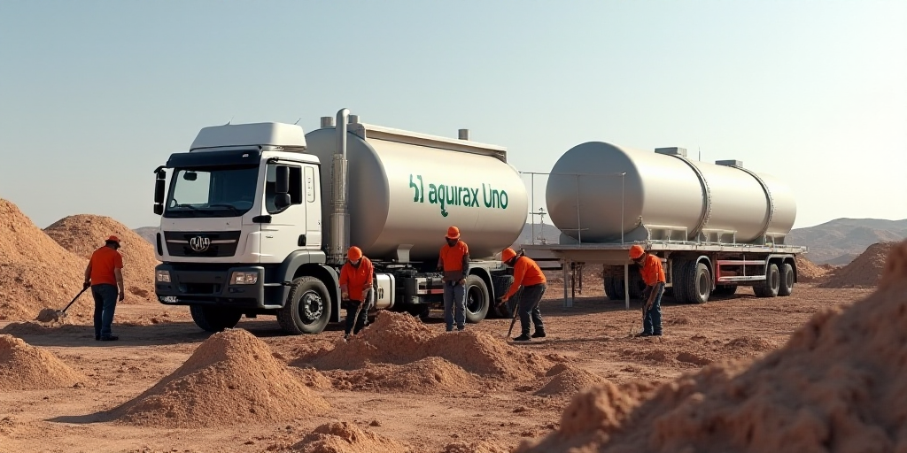a group of people in orange hats are digging dirt in front of a large tank and a truck with a sign o
