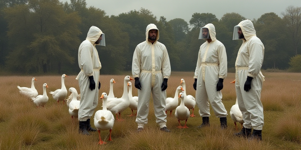 a group of people in protective gear standing around a flock of ducks on a field with trees in the b