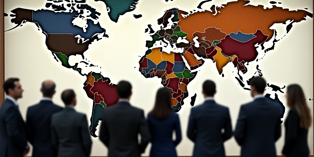 a group of people in suits and ties standing in front of a map of the world on a wall, Federico Urib