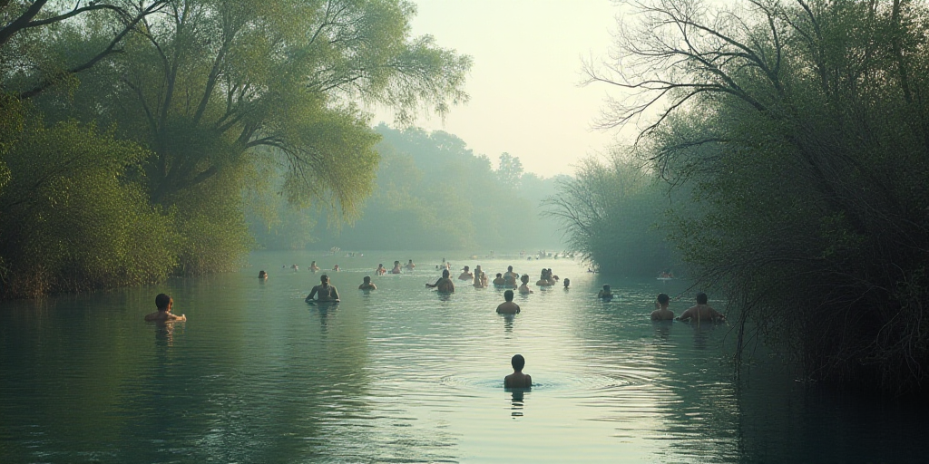 a group of people in the water near trees and bushes in the water, with people in the water, Estuard