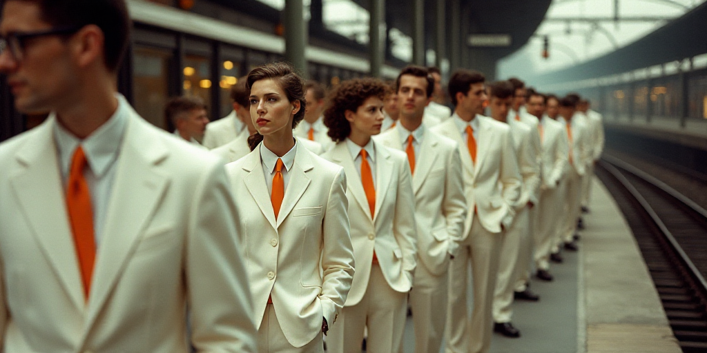 a group of people in white suits and orange ties standing in a line next to a train station platform