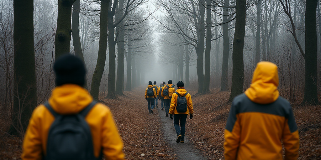 a group of people in yellow jackets and hats walking through a forest with bare trees and no leaves