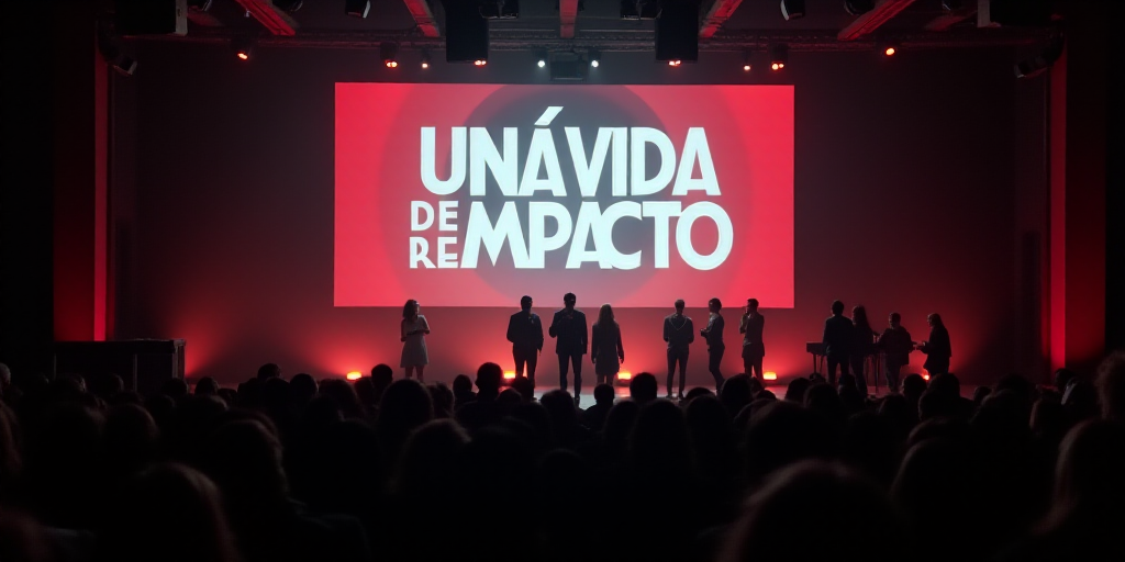 a group of people on a stage with a screen in the background that says una vida de impacto, Alejandr