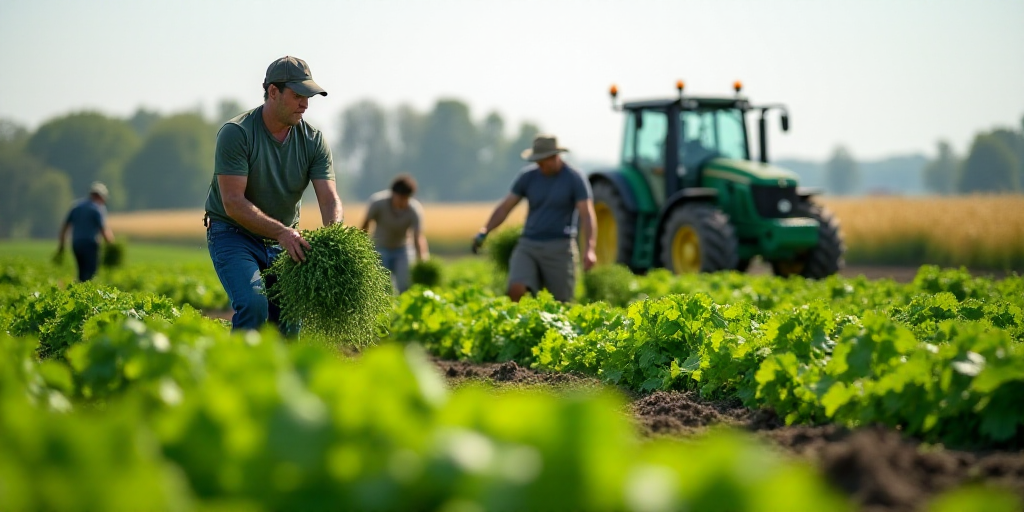 a group of people picking up some green vegetables in a field with tractors in the background and a