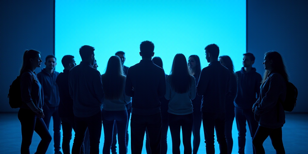 a group of people posing for a picture in front of a screen with a blue screen behind them and a blu
