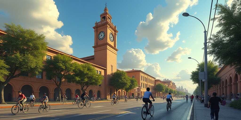 a group of people riding bikes down a street next to a tall building with a clock tower on top, Eddi