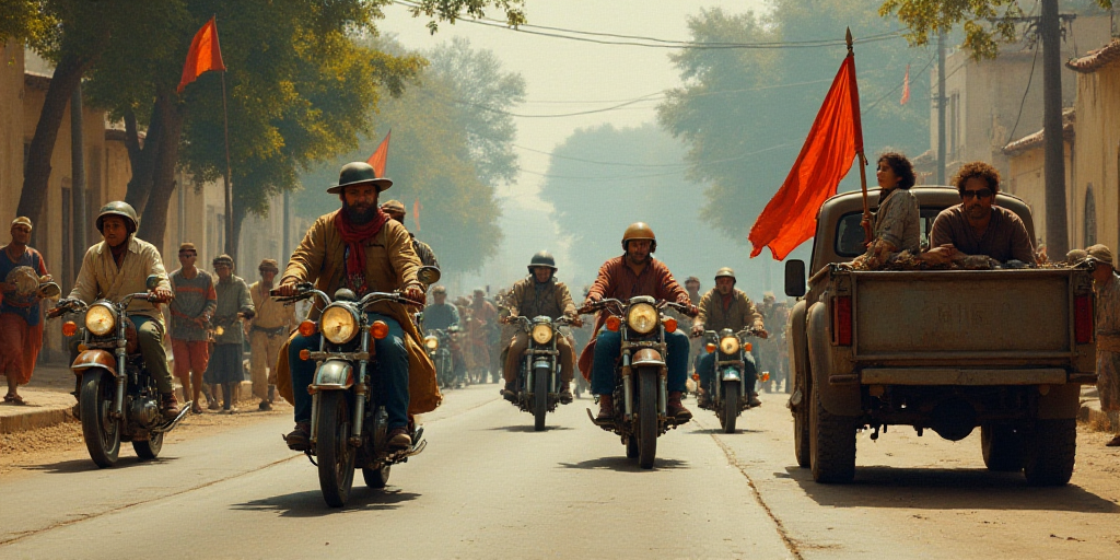 a group of people riding motorcycles down a street with a flag on the back of a car and a truck, Bou