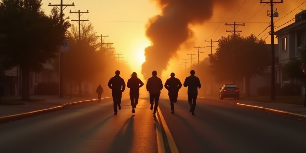 a group of people running down a street with a fire in the background and smoke billowing out of the
