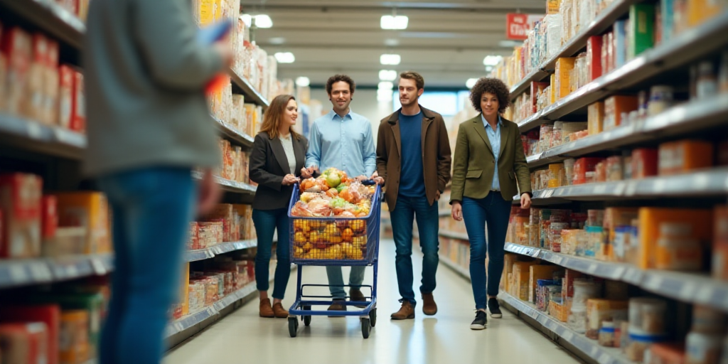 a group of people shopping in a store aisle with a cart full of food and supplies in the aisle, Davi