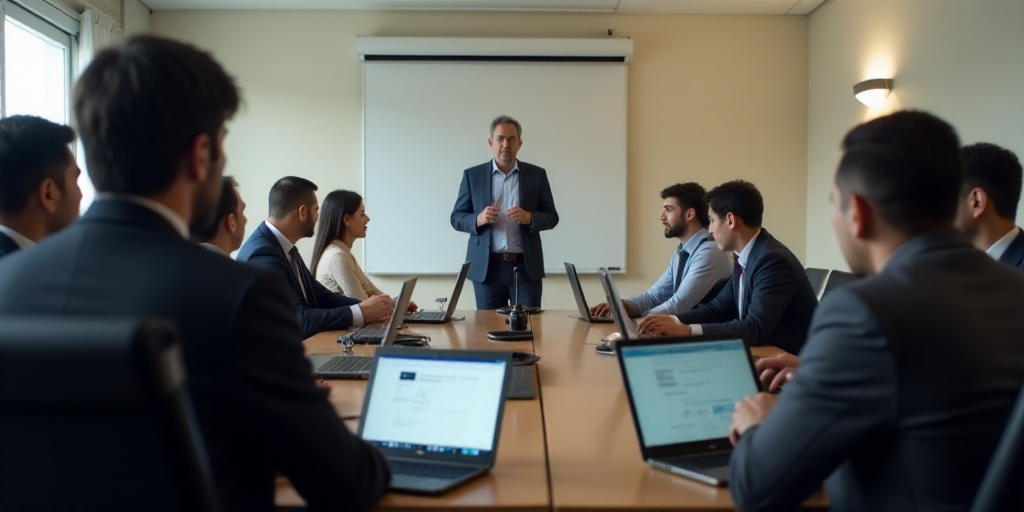 a group of people sitting around a table with laptops on it and a man standing at the front of the r