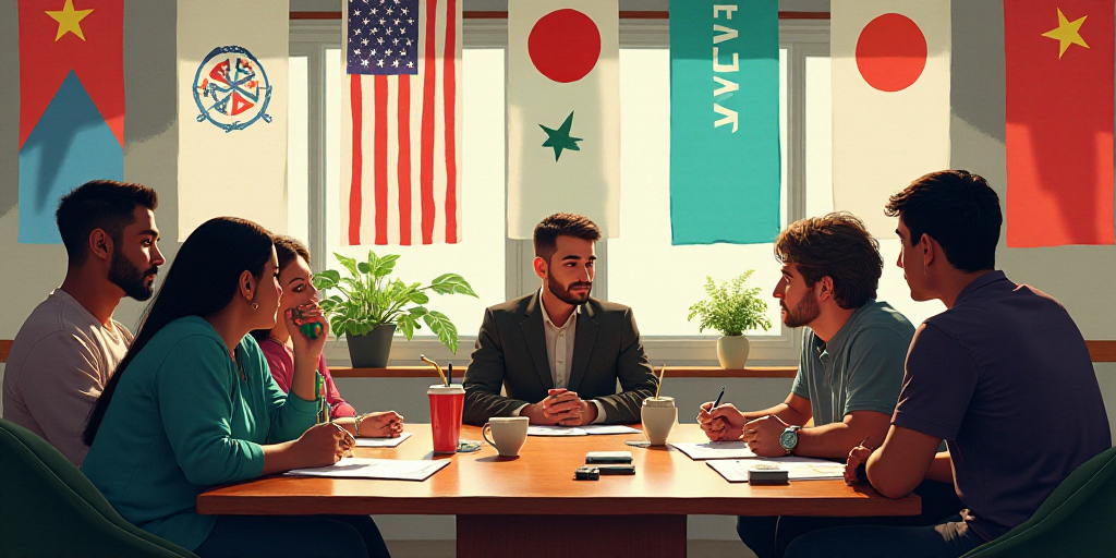 a group of people sitting around a table with papers on it and flags behind them in a meeting room,
