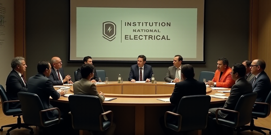 a group of people sitting around a table with a circular table in front of them and a sign that says