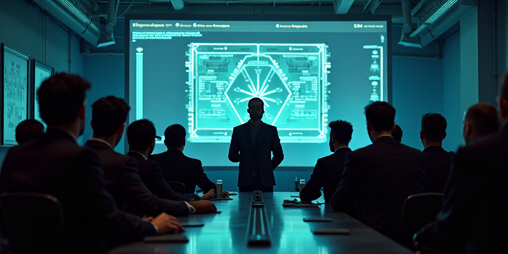 a group of people sitting around a table in a room with a tv screen behind them and a man standing i