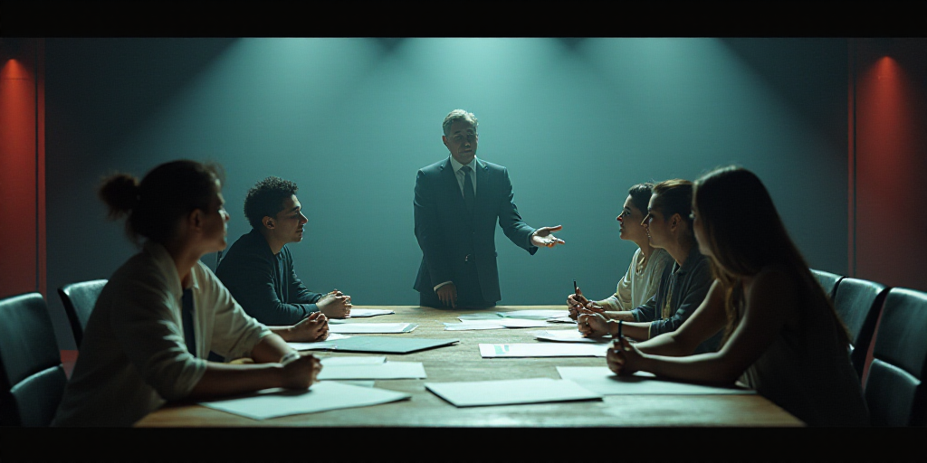 a group of people sitting around a table with papers on it and a man standing behind them with a mic