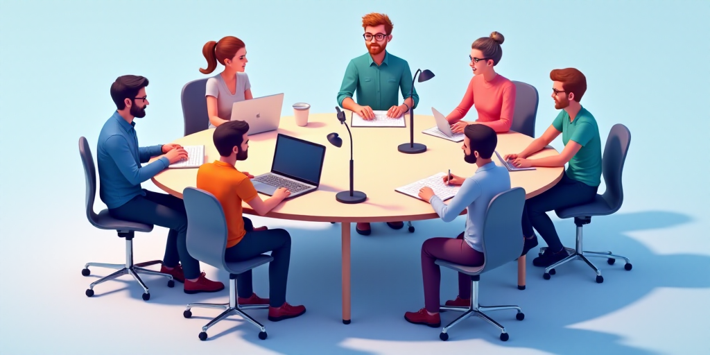 a group of people sitting around a table with a laptop computer on it and a microphone in front of t