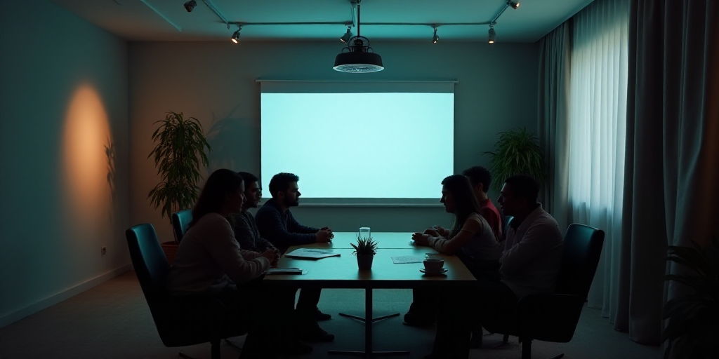 a group of people sitting around a table in a room with a projector screen on the wall behind them,
