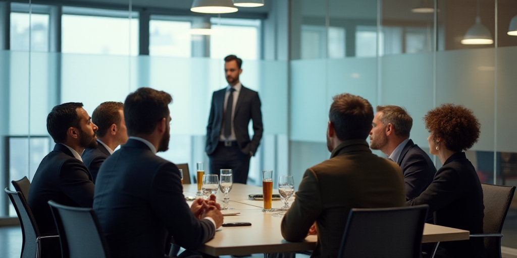 a group of people sitting around a table talking to each other in a conference room with glass walls