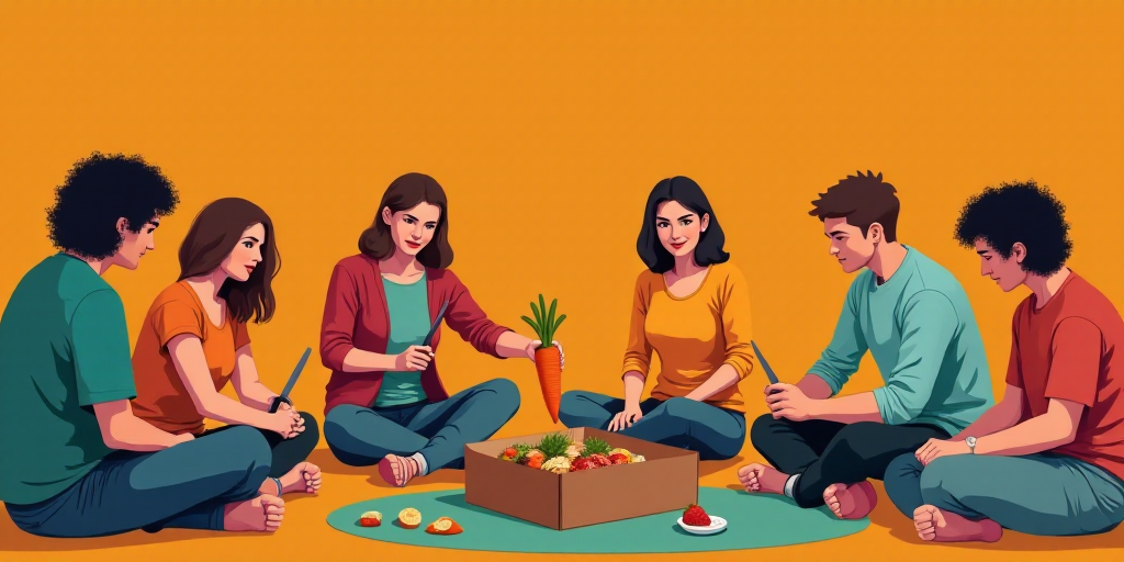a group of people sitting around a box of food and a knife in their hands and a person holding a car