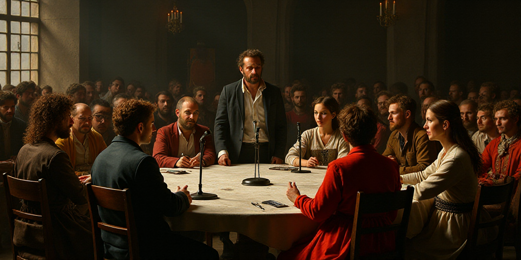 a group of people sitting around a table with microphones in front of them and a man standing behind