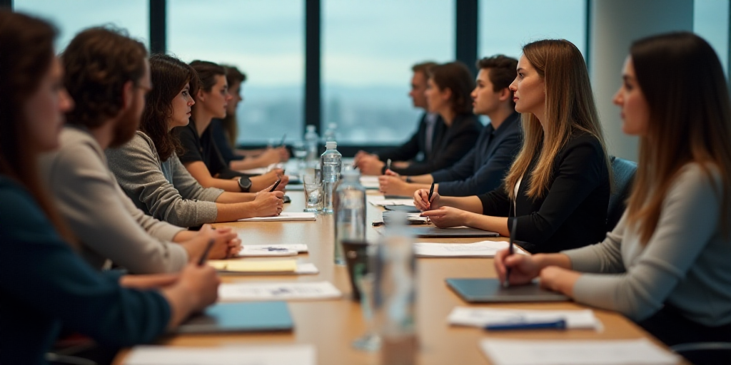 a group of people sitting around a conference table with notebooks and papers in front of them, all