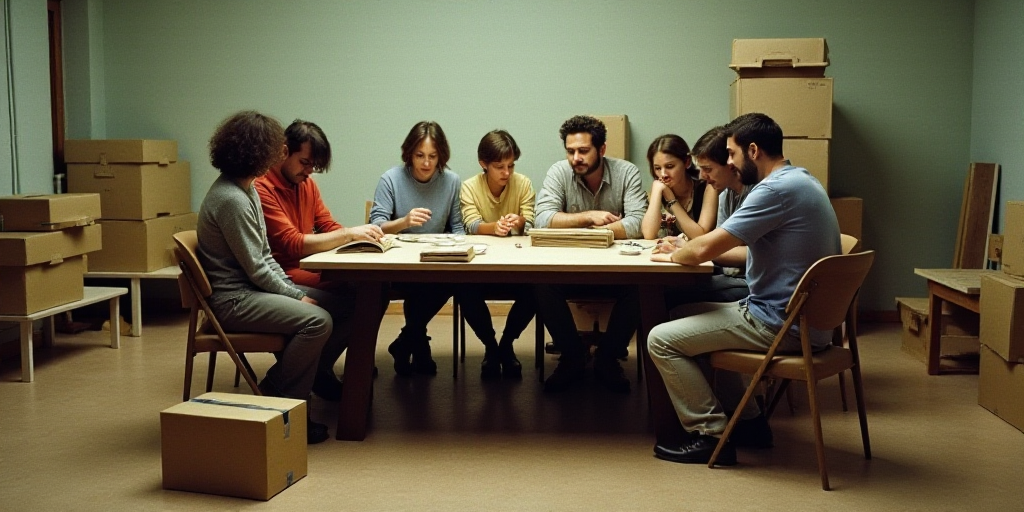 a group of people sitting around a table with boxes on it's back and people standing around them, Ce