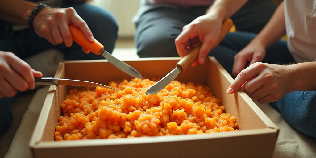 a group of people sitting around a box of food and a knife in their hands and a person holding a car