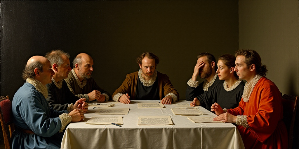 a group of people sitting around a table with papers and papers in front of them, one of them coveri