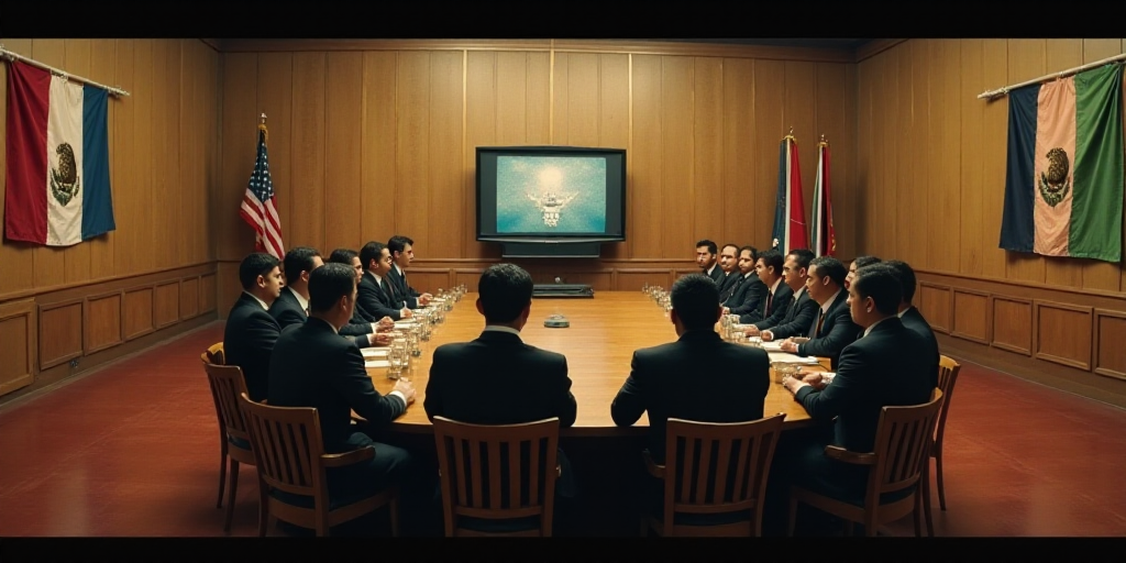 a group of people sitting around a wooden table in a room with flags on the walls and a television o