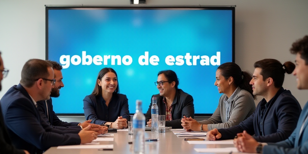a group of people sitting at a table with a blue sign behind them that says goberno de estrad - acus