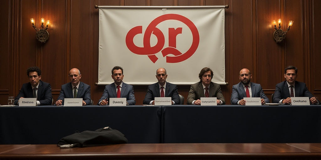 a group of people sitting at a table with a banner behind them that says qq on it and a man in a sui