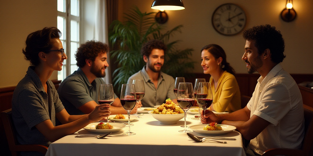 a group of people sitting at a table in a restaurant eating food and drinking wine and talking to ea