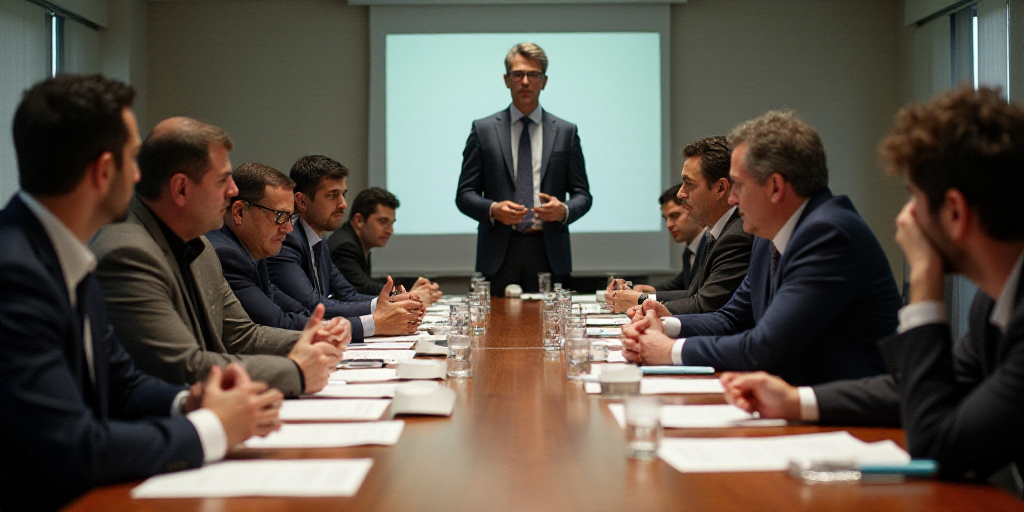 a group of people sitting at a table with papers and pens in front of them and a man standing at the
