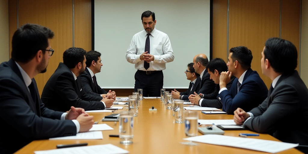 a group of people sitting at a table with papers and pens in front of them and a man standing at the