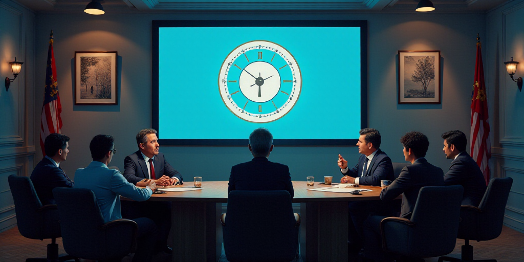a group of people sitting at a table in front of a screen with a logo on it and a clock on the wall,